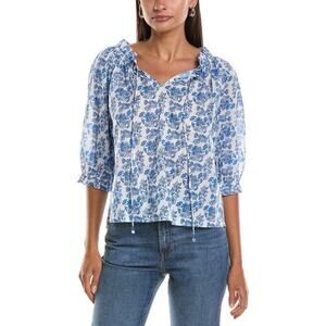 Ro’s Garden Blue Floral Peasant Blouse 3/4 Sleeve Tassel Tie Size M